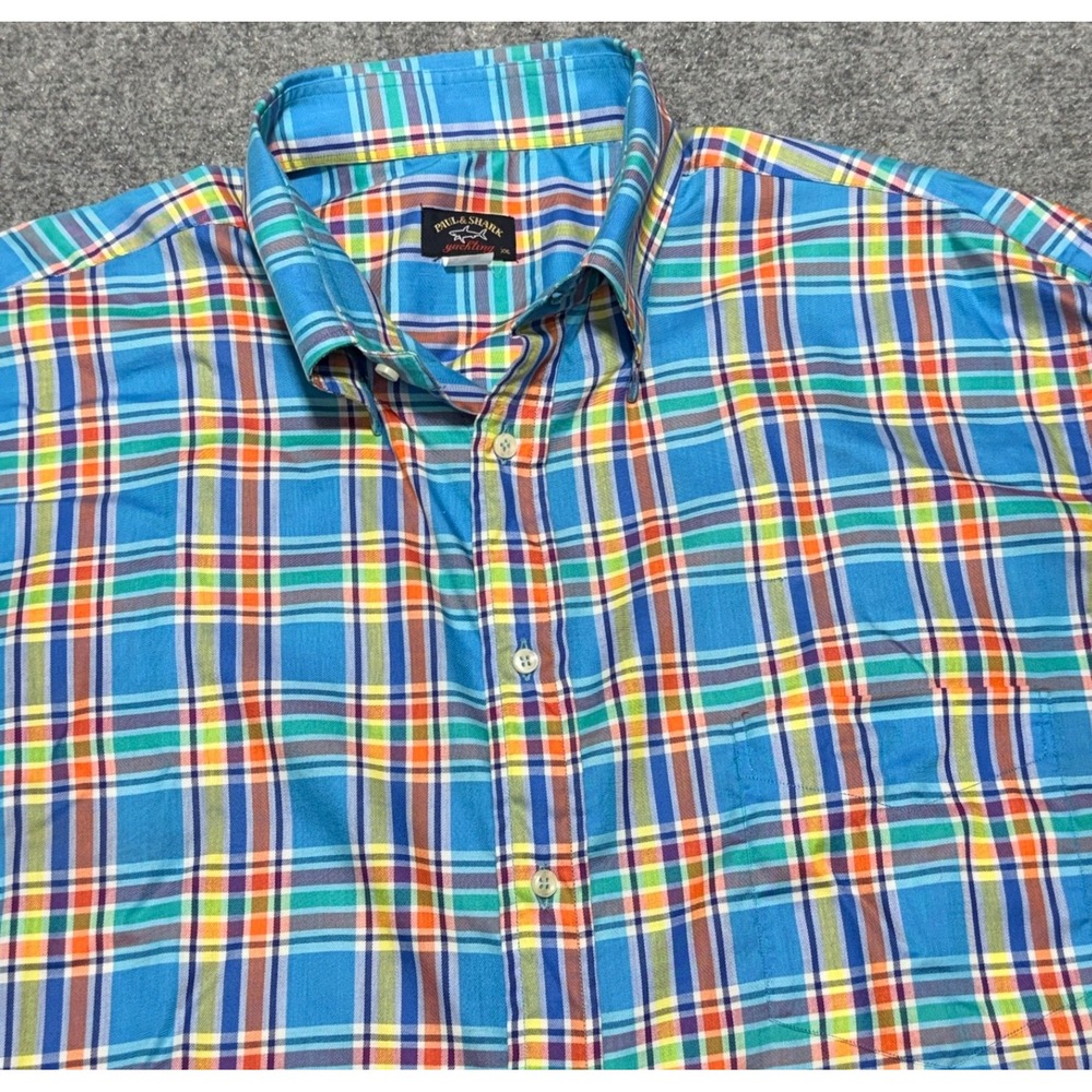 Paul & Shark Yachting Shirt 2XL Blue Colorful Rainbow Plaid Check Pocket Italy
